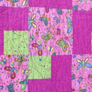 Hand Crafted Baby Quilt Blanket Approxi 35” x 45” Pinks Green Butterflies